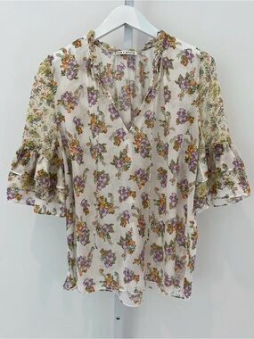 ALICE + OLIVIA WHITE FLORAL COTTON SILK TOP SIZE L
